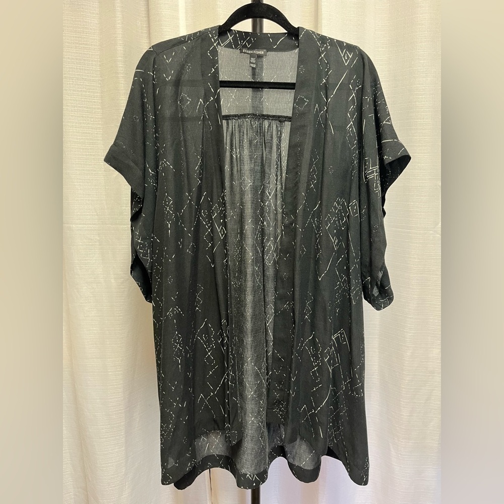 EILEEN FISHER Marrakesh Printed Silk Tencel Long Kimono Jacket Top| size xxs/xs